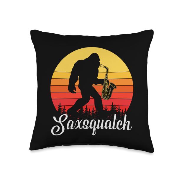 Bigfoot Sasquatch Yeti saxophone player lover Throw Pillow, 16x16
