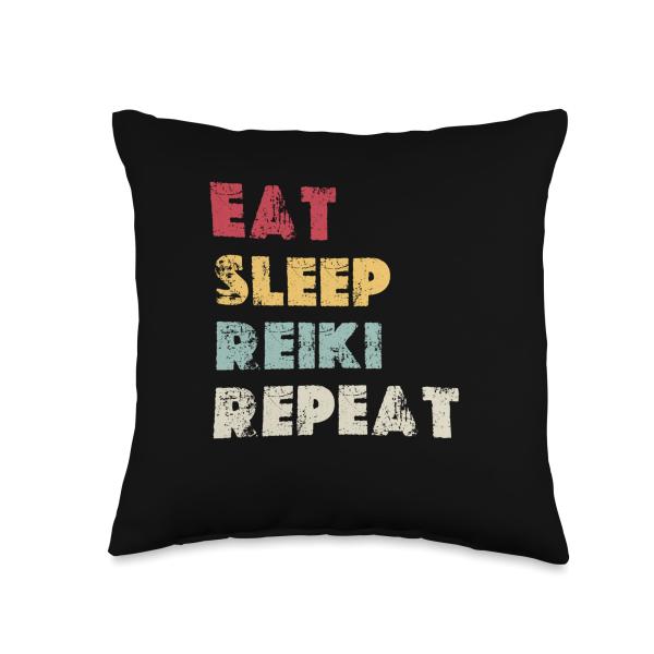 Vintage Reiki Healing Energy Balancer Gift Retro Eat Sleep Reiki Repeat Throw Pillow, 16x16