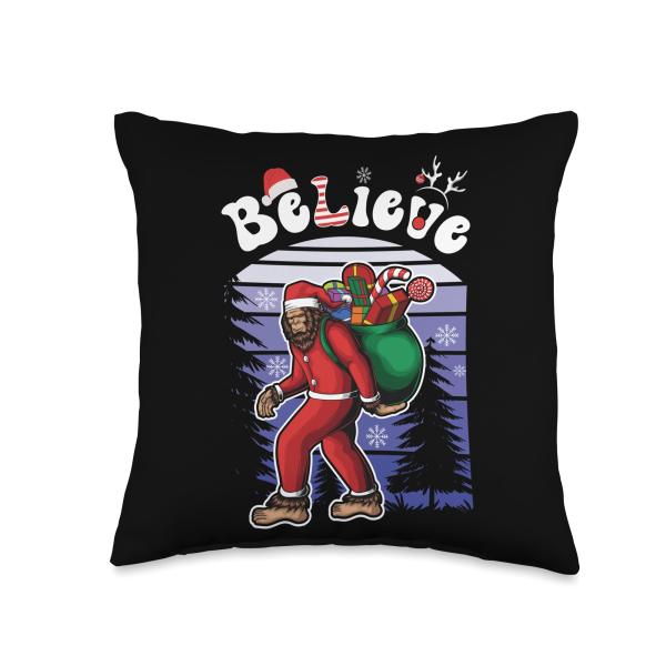 Bigfoot ＆ Yeti T Shirts Sasquatch Merry Christmas Believe Bigfoot Sasquatch Yeti Santa Hat Christmas Pajamas Throw Pillow, 16x16