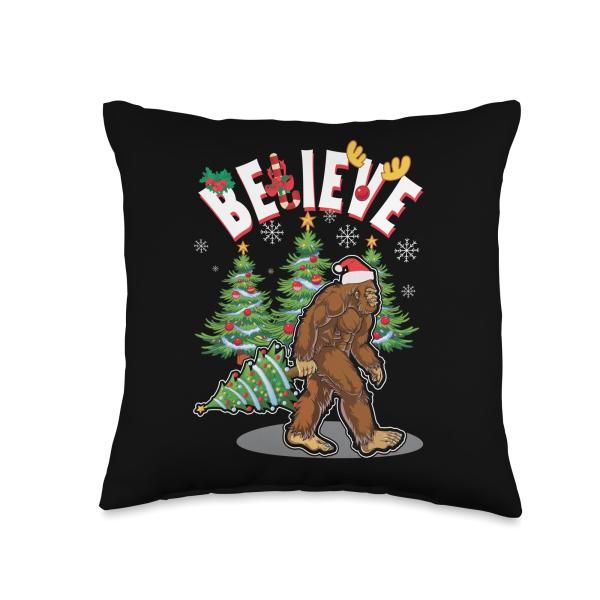 Bigfoot ＆ Yeti T Shirts Sasquatch Merry Christmas Believe Bigfoot Sasquatch Yeti Santa Hat Christmas Pajamas Throw Pillow, 16x16
