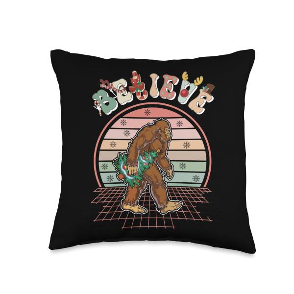 Bigfoot ＆ Yeti T Shirts Sasquatch Merry Christmas Bigfoot Sasquatch Yeti Believe Throw Pillow, 16x16