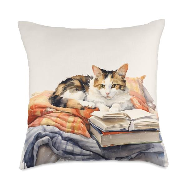 Cute Calico Cat With Books Kitten Lover Calico Critters Throw Pillow