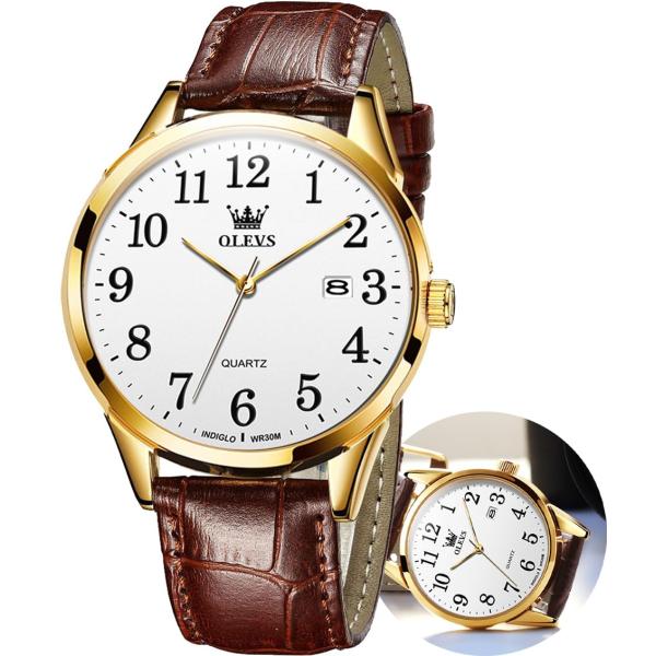 OLEVS Watches for Men White Dial Brown Leather Band Mens Watches Dress Easy Read Analog Quartz Wrist Watch for Man with Date Waterproof Arabic Number