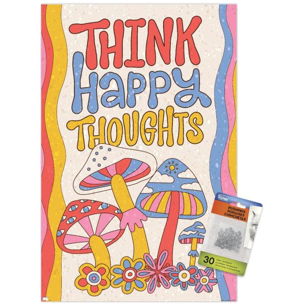 Mushrooms - Think Happy Thoughts Wall Poster with Push Pins