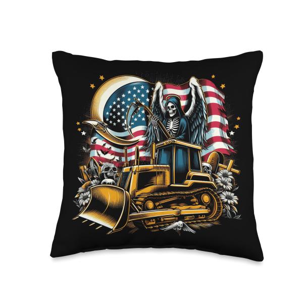 Independence Day Bulldozer Halloween Skull Bulldozer American Flag 4th of July with Halloween Skull Throw Pillow, 16x16