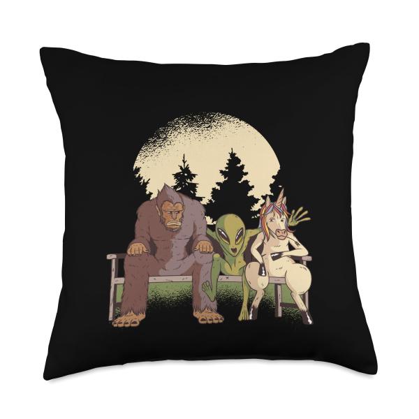 BIGFOOT SASQUATCH YETI Big Foot Memes Believe Bigfoot Alien Unicorn Friends Funny Creatures Meme Throw Pillow, 18x18