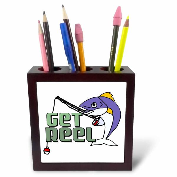 3dRose Cool funny Cute Tuna Fish Fishing Get Reel Pun for Fishermen - Tile Pen Holders (ph-380918-1)