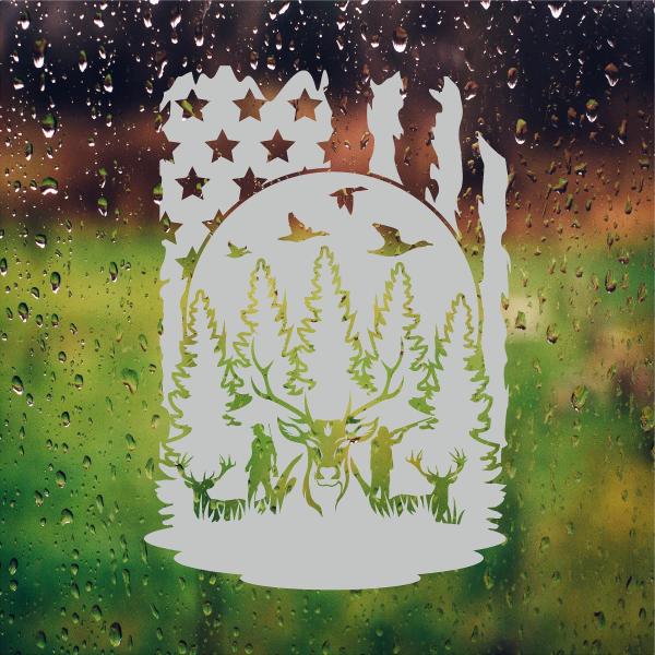 American Flag Deer Duck Hunting Vinyl Etched Decals Gun Cabinet Front Door Window Safety Film Vinyl Sticker (14" W x 20" T)