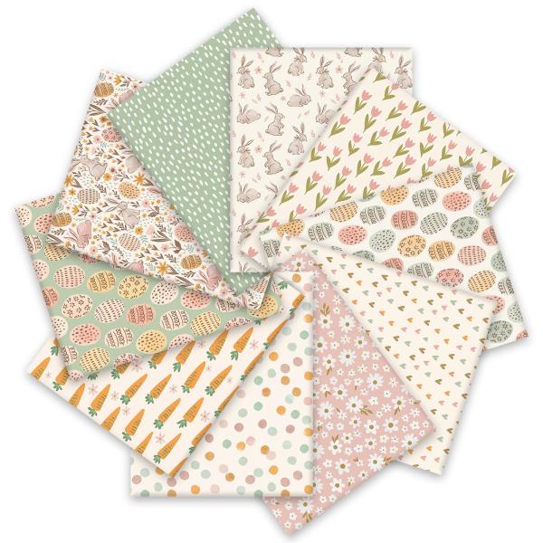 Whaline 10 Pcs Easter Cotton Fabric Bundles Bunny Rabbit Egg Carrot Flower Fat Quarters Pastel Spring Quilting Patchwork for DIY Handmade Craft Party