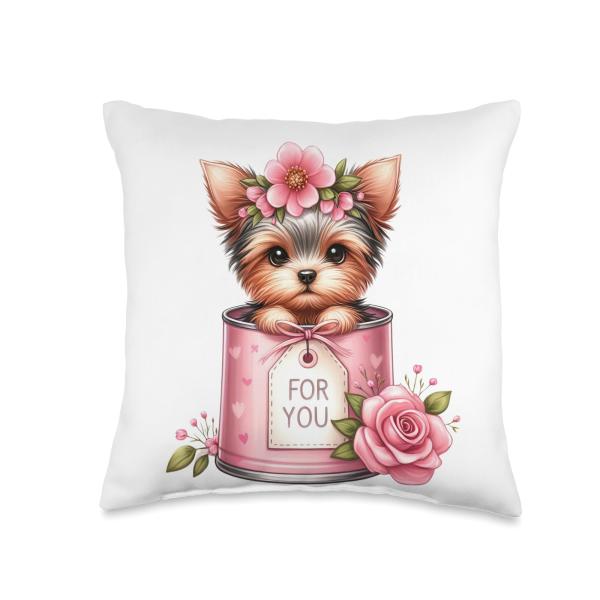 Sweet Yorkie Charming Yorkshire Terrier Puppy Pink Flower Throw Pillow