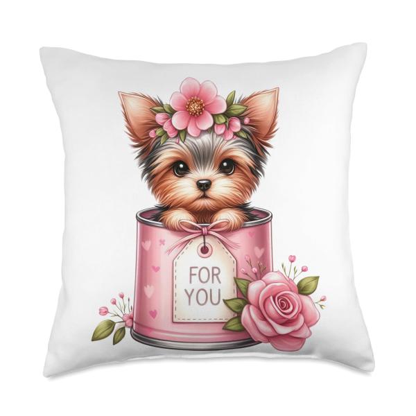 Sweet Yorkie Charming Yorkshire Terrier Puppy Pink Flower Throw Pillow