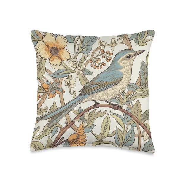 Northern Mockingbird Floral - William Morris Art Nouveau Throw Pillow