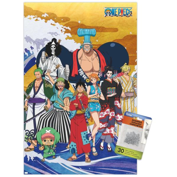 One Piece: Wano Country - Crew On Wave Wall Poster with Push Pins, 14.72" x 22.37", Premium Poster ＆ Push Pin Bundle