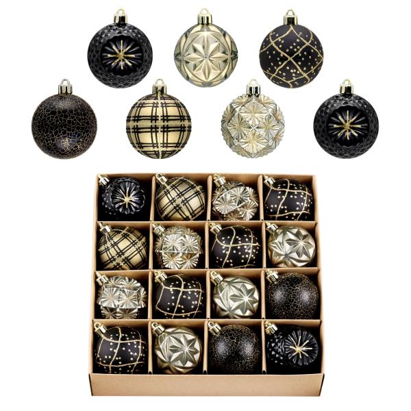 Valery Madelyn オーナメント クリスマスツリー用、16カラット ブラックとゴールド 飛散防止 クリスマスツリーデコレーション、2.36インチ 豪華なハンギングボー