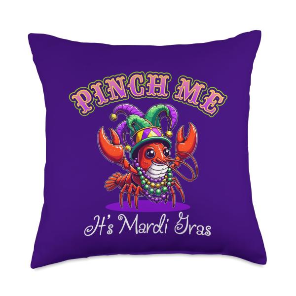 Pinch Me It's Mardi Gras Crawfish Jester Hat Cray Cray Party Throw Pillow