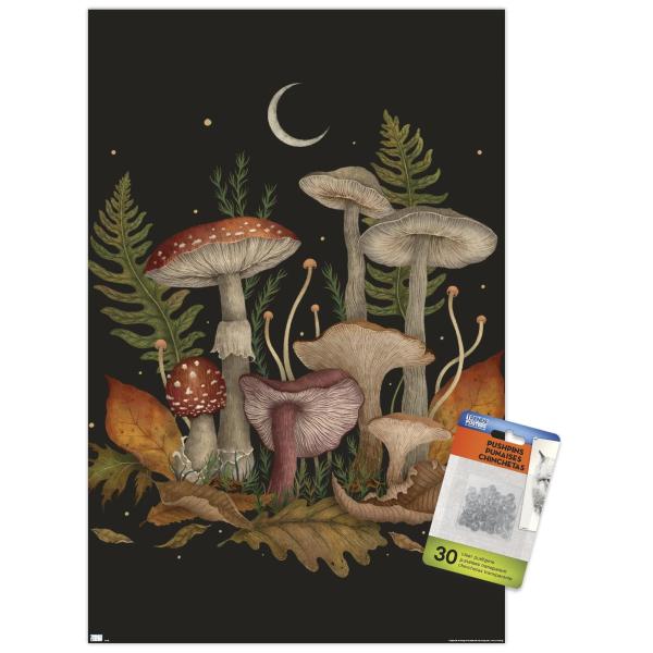 Trends International Episodic Drawing - Autumn Mushrooms Wall Poster, 14.72" x 22.37", Premium Poster ＆ Push Pin Bundle