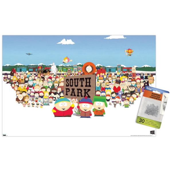 Trends International South Park - Horizontal Key Art Wall Poster, 14.72" x 22.37", Premium Poster ＆ Push Pin Bundle