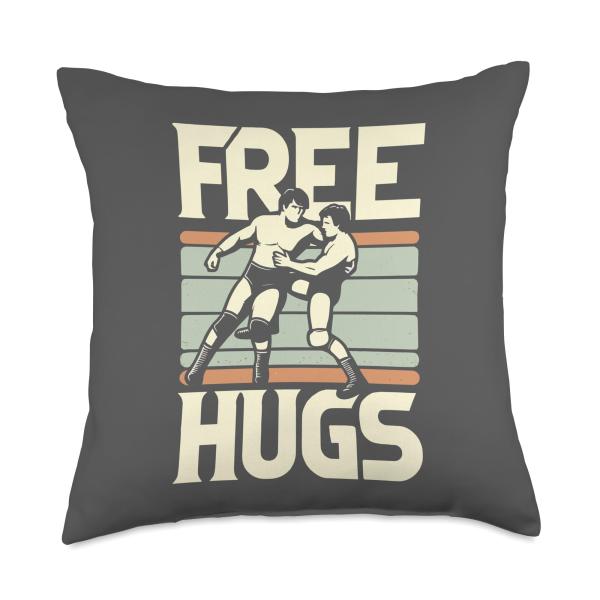 Retro Wrestling Ring Match Vintage Style Free Hugs Wrestlers Throw Pillow