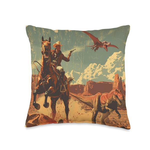 Retro Desert Cowboy Riding Horse Shooting At Dinosaur Art Throw Pillow