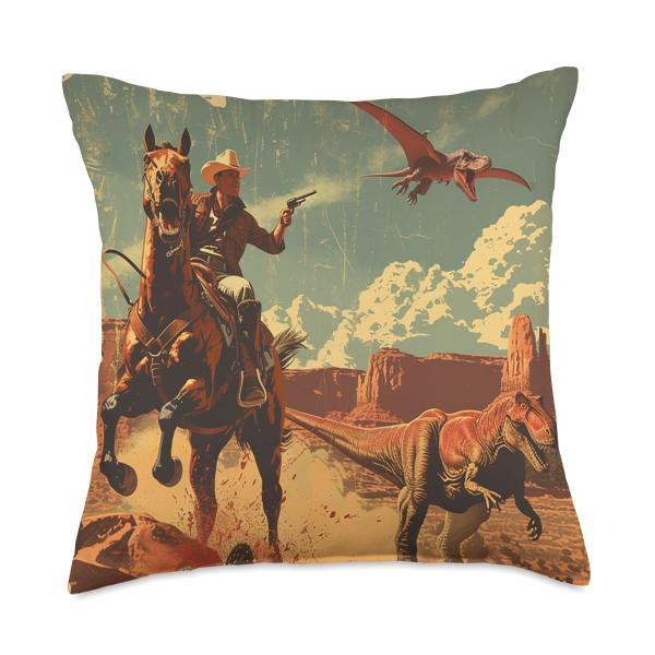 Retro Desert Cowboy Riding Horse Shooting At Dinosaur Art Throw Pillow