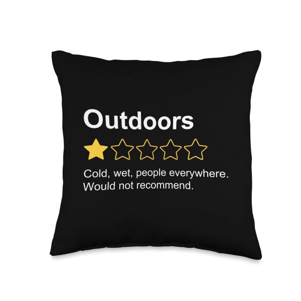 OUTDOORS Sarcastic One Star Review - Antisocial Humor Rating Throw Pillow