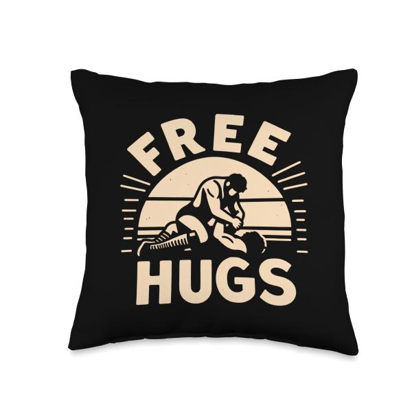 Vintage Free Hugs Quote Wrestling Match Fight Funny Wrestler Throw Pillow