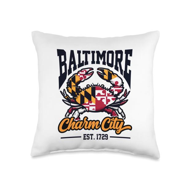 Baltimore Maryland Flag Charm City Crab Vintage Style Throw Pillow