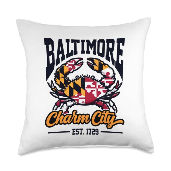 Baltimore Maryland Flag Charm City Crab Vintage Style Throw Pillow
