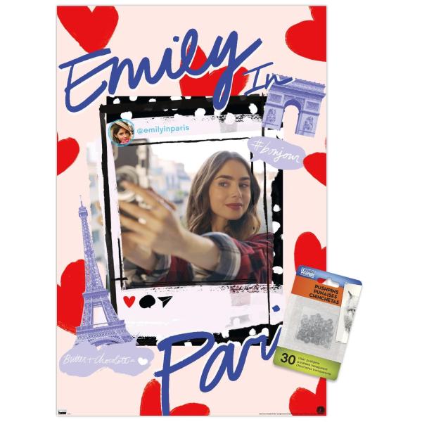 Trends International Emily In Paris - Hearts Wall Poster, 14.72" x 22.37", Premium Poster ＆ Push Pin Bundle