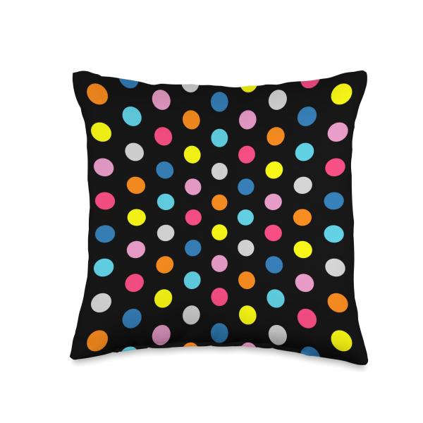 Happy Rainbow Multicolor Polka Dot on Black Shapes Mania Throw Pillow
