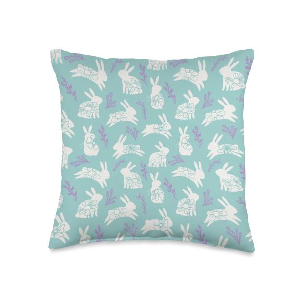 Easter Bunny Aqua Spring Fling Pastel Themed Pattern Throw Pillow