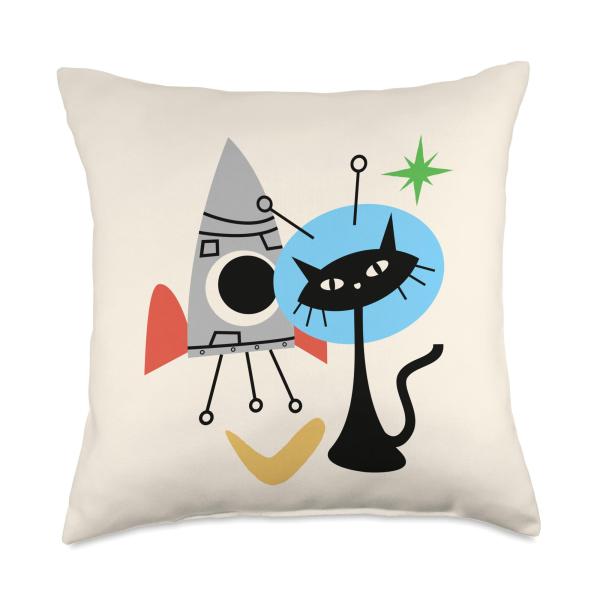 Cat Astronaut Space Retro Atomic Age Mid-Century Modern Throw Pillow