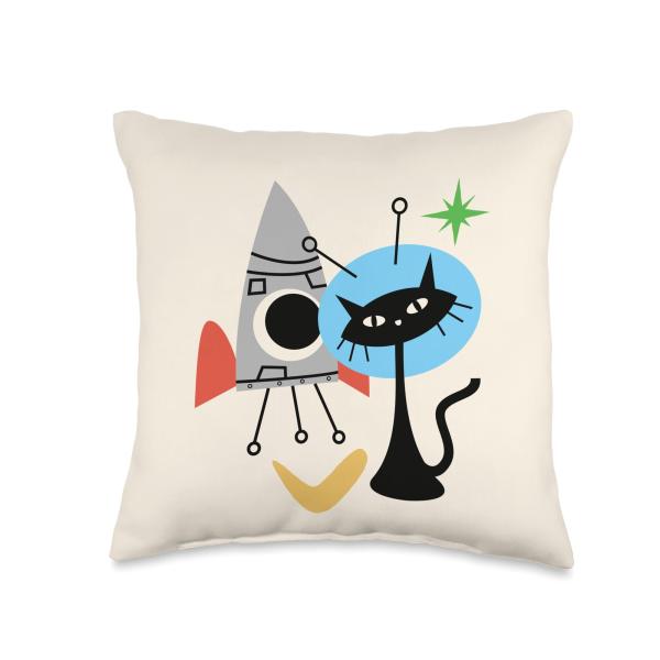 Cat Astronaut Space Retro Atomic Age Mid-Century Modern Throw Pillow