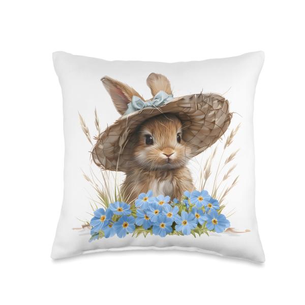 Charming Spring Bunny Floral Bonnet Rabbit and Flowers Throw Pillow