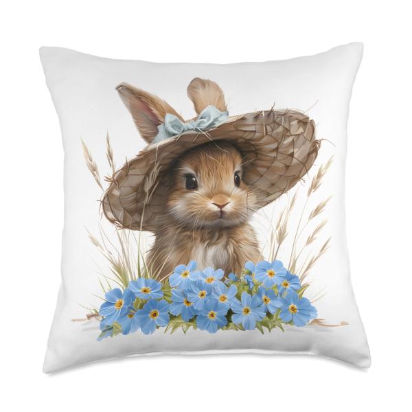 Charming Spring Bunny Floral Bonnet Rabbit and Flowers Throw Pillow