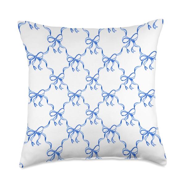 Bow Print Ribbon Blue Coquette Aesthetic Grandmillennial Throw Pillow