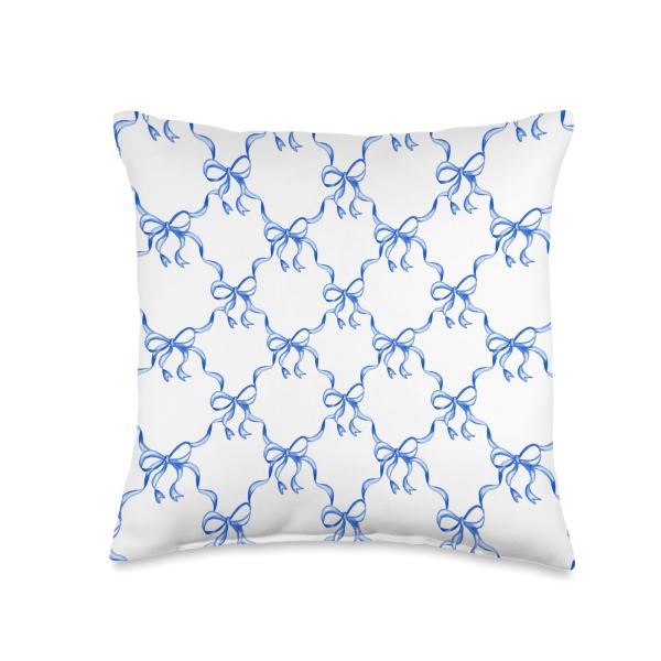 Bow Print Ribbon Blue Coquette Aesthetic Grandmillennial Throw Pillow