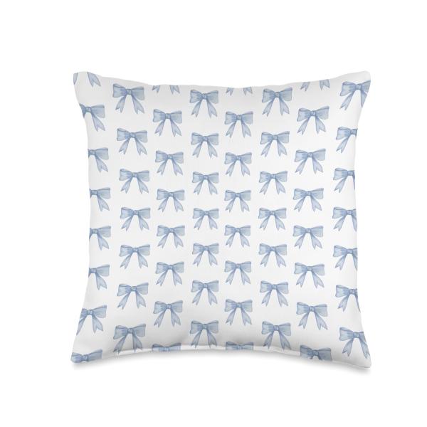 Coquette Aesthetic Blue Bow Preppy Cute Pattern Girl Throw Pillow