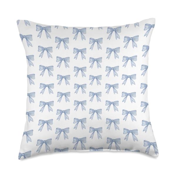 Coquette Aesthetic Blue Bow Preppy Cute Pattern Girl Throw Pillow