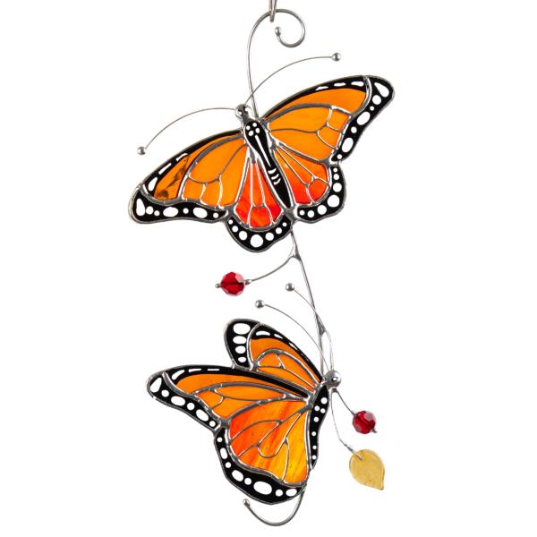 Glass Art Stories Monarch Butterfly Pair - Handcrafted Stained Glass Window Hanging with Elegant Orange and Black Details for Home Decor