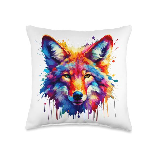 Colorful Splash Art Coyotes Coyote Throw Pillow