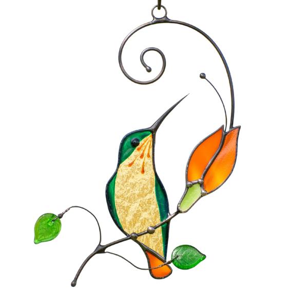 Glass Art Stories Stained Glass Hummingbird Window Hanging - Handmade Suncatcher with Orange and Green Floral Details for Home Decor