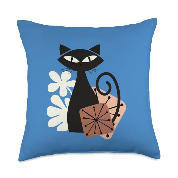 Midcentury Mid Century Cat Retro Atomic Age Modern Floral Throw Pillow