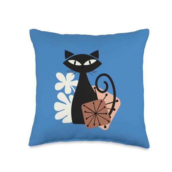 Midcentury Mid Century Cat Retro Atomic Age Modern Floral Throw Pillow