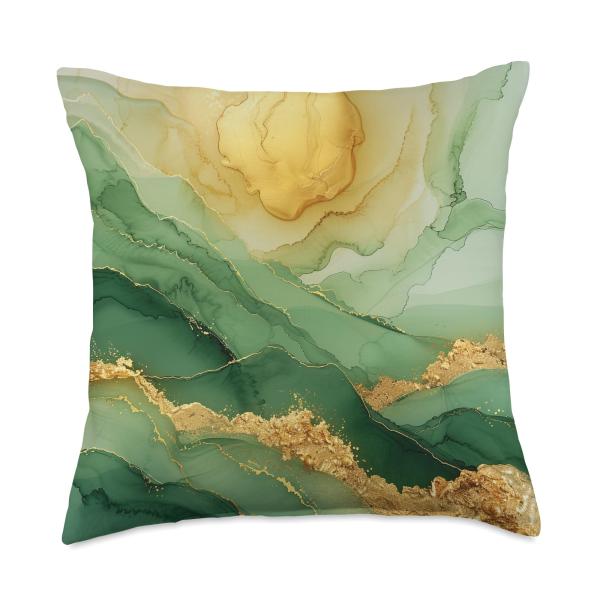 Mother Nature Alkohol Ink Sage Green Mountain Landscape Throw Pillow