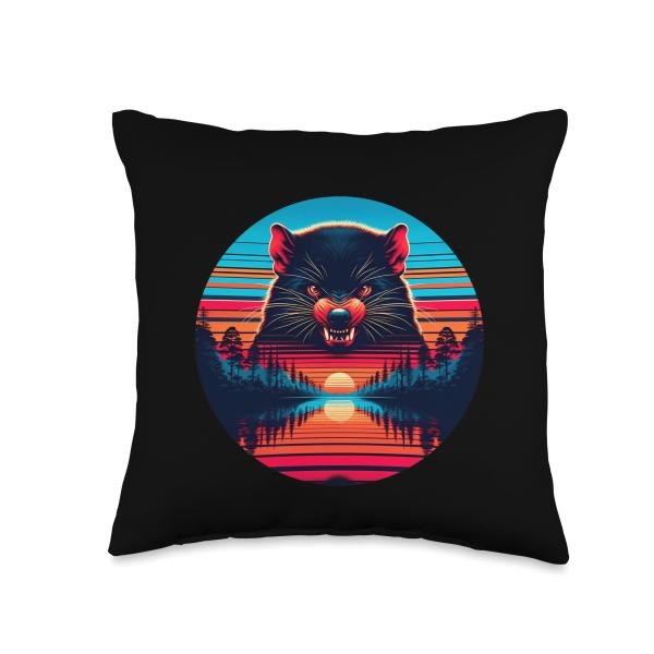 Tasmanian Devil Sunset Retro Style Safari Vintage 70s Throw Pillow