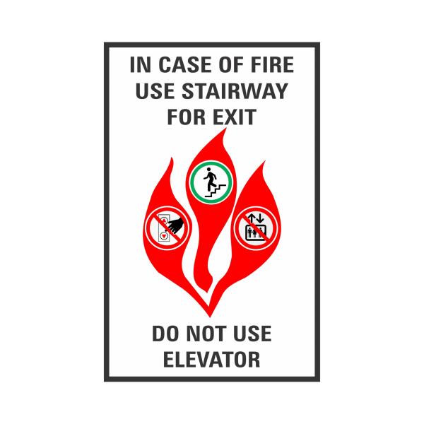 JUSTBRAILLESIGNS IN CASE OF FIRE elevator fire emergency sign, with pictogram, 5-1/4"W x 8-1/4"H, Comply with elevator signage requirements, White or