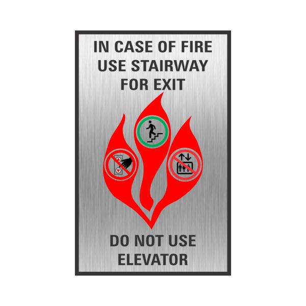 JUSTBRAILLESIGNS IN CASE OF FIRE elevator fire emergency sign, with pictogram, 5-1/4"W x 8-1/4"H, Comply with elevator signage requirements, White or