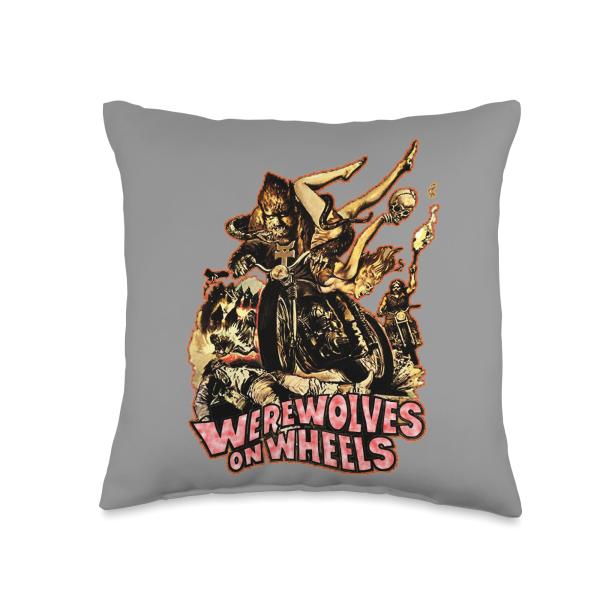 Vintage Horror Werewolves on Wheels Biker Throw Pillow