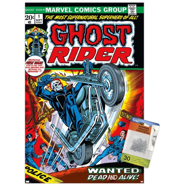 Trends International Marvel Ghost Rider - Heavens On Fire #1: Ghost Rider #1 Wall Poster with Push Pins, 14.72" x 22.37", Premium Poster ＆ Push Pin B